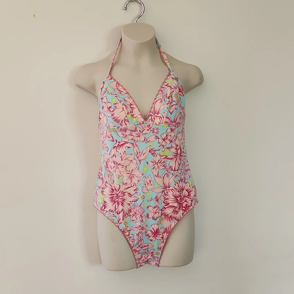 Rosa Ferrer one piece swimsuit pink and turquoise floral bathing suit size 10 - Picture 2 of 9